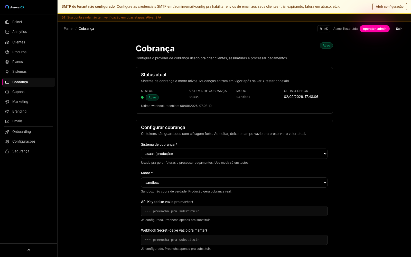 Configuração de cobrança