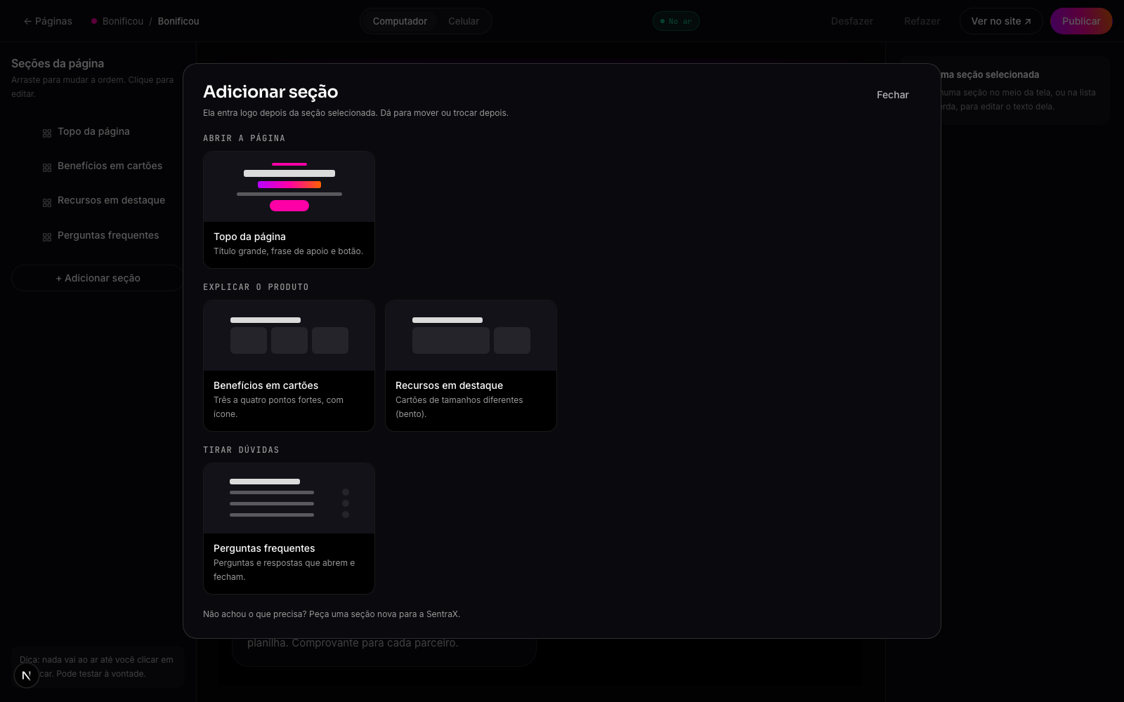 Galeria Adicionar seção com as seções agrupadas por intenção